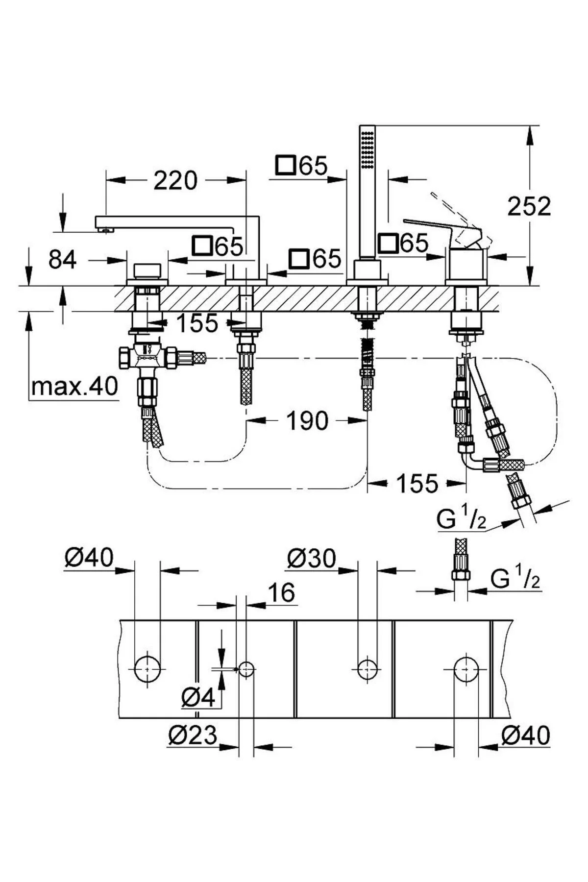Grohe Eurocube 4 дупки када кран - 19897001