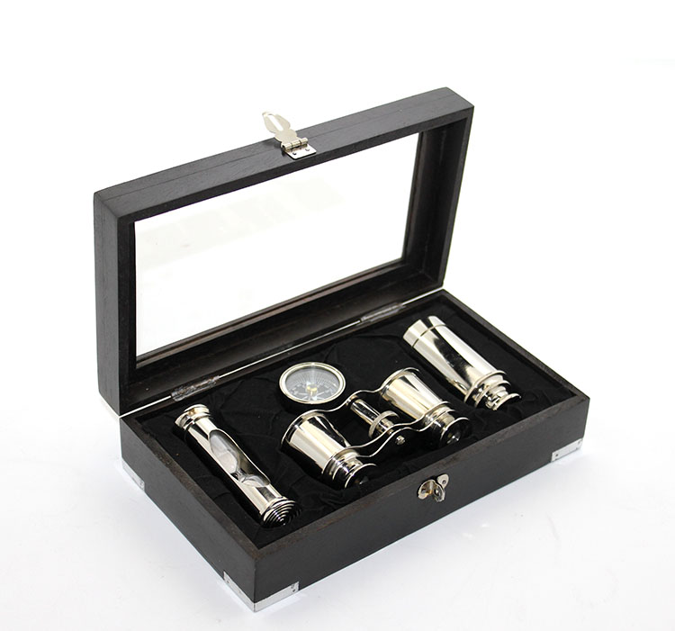 ahsap-kutulu-pirinc-durbun-31134_1.jpg Дрвена кутија со бакарен телескоп, компас и песочен часовник - Image 1