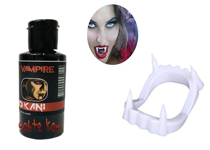 beyaz-renk-cift-damak-takma-v-29771_1.jpg Бела боја двоен заб за вампир и сет од 50 гр театарска крв - Image 1