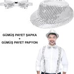 Сребрен Паетен Шапка и Папион Сет