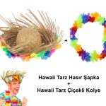 Hawaii Стил Комплет - Плетена Шапка со Тропски Цветови и Цветен Hawaii Обица