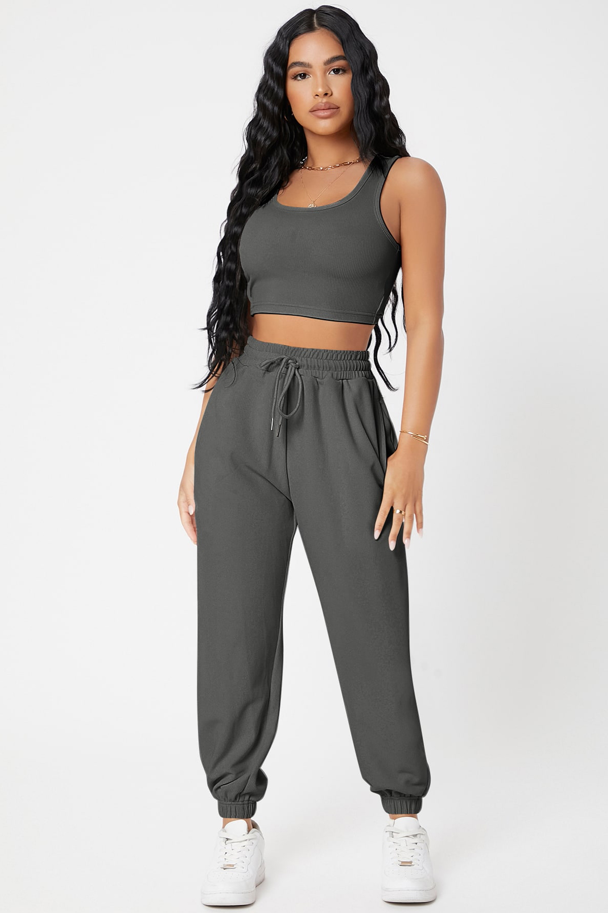 kadin-antrasit-gri-kaskorse-26329_1.jpg Женски Антрацит Сив Кашкорсе Џогер Панталони со Џебови и Кроп Топ Блуза - Image 1