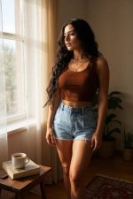 Женска Кафена Кроп Топ Блуза – Стилска, Удобна и Лесно Комбинирачка - Image 2