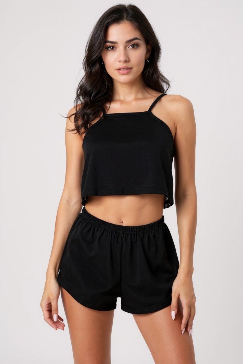 kadin-siyah-arkasi-komple-da-26705_1.jpg Женски црн комплет со дантела и шорцеви - Image 1