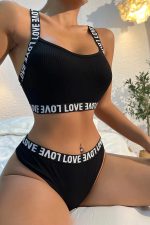 Женски црн крос-рамен и Love текст детали сет за внатрешна облека