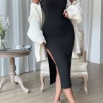 Женска црна ноќна кошула со процепи до колената