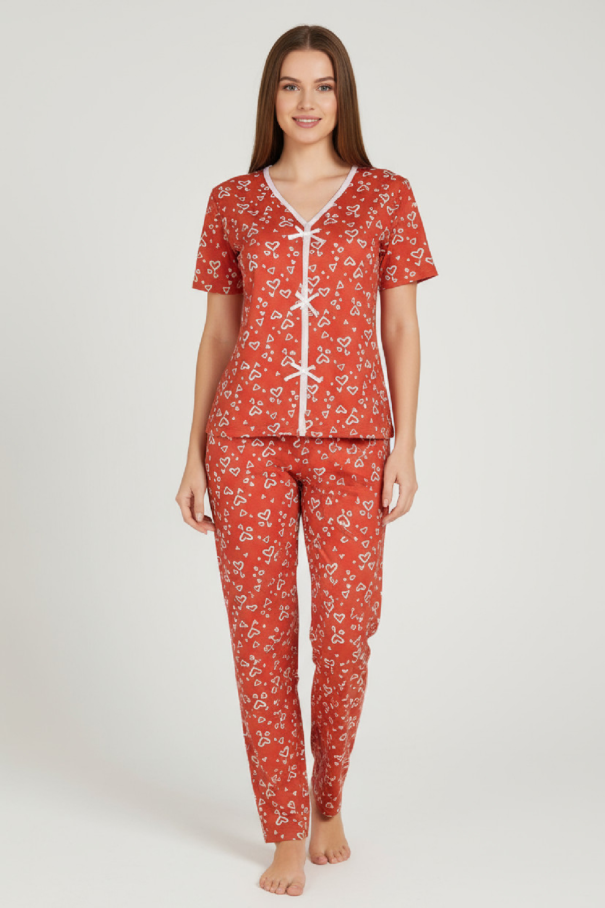 kadin-turuncu-kalp-desenli-fi-26760_1.jpg Женски Пижами Комплет со Кратки Ракави и Дизајн на Срце - Image 1