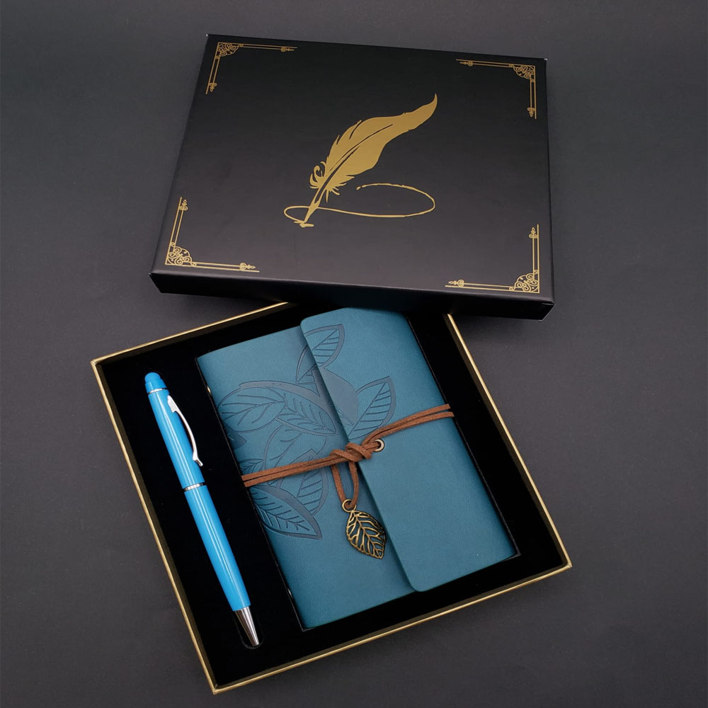 siyah-kutulu-yaprak-desenli-ma-29653_1.jpg Црн Кутиица со Лист Дизајн Модерна Сет за Дневник и Пенкало - Image 1