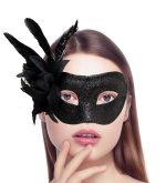 Црна метализирана перната маска за забава - Image 2
