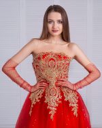 Долги црвени пуантирани тул ракавици за возрасни - Image 2